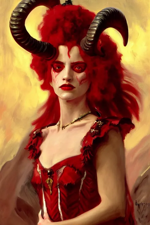 Image similar to painted close - up portrait of a attractive red - skinned intimidating demon girl with ram horns! oil painting, wearing a noblewoman's outfit, fantasy art by john singer sargent and gaston bussiere, and guillermo del toro, demon noble character design, hd