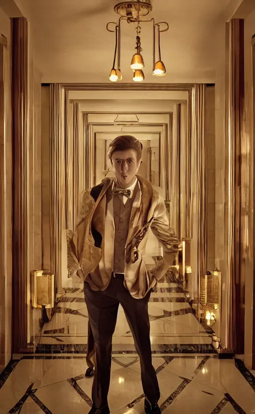 Image similar to a young man explores the halls and foyer of a grand old art deco hotel, meeting its eclectic guests. film poster. wes anderson. golden light. collage. photorealistic. octane render. cinematic. trending on artstation. textless.