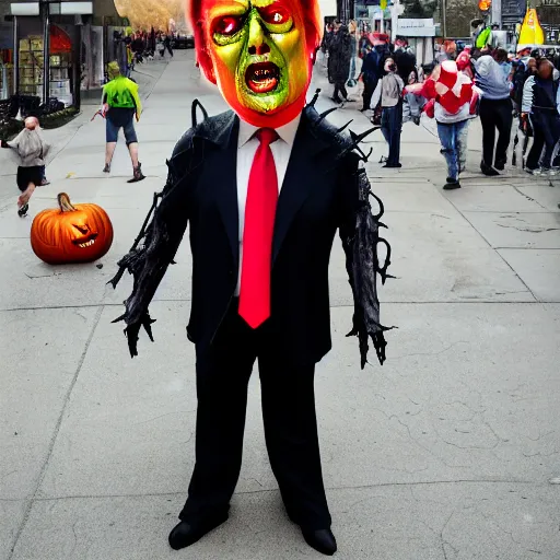 Prompt: donald trump wearing a halloween zombie costume, hyper realistic, wide shot, photography, award winning, 8 k,