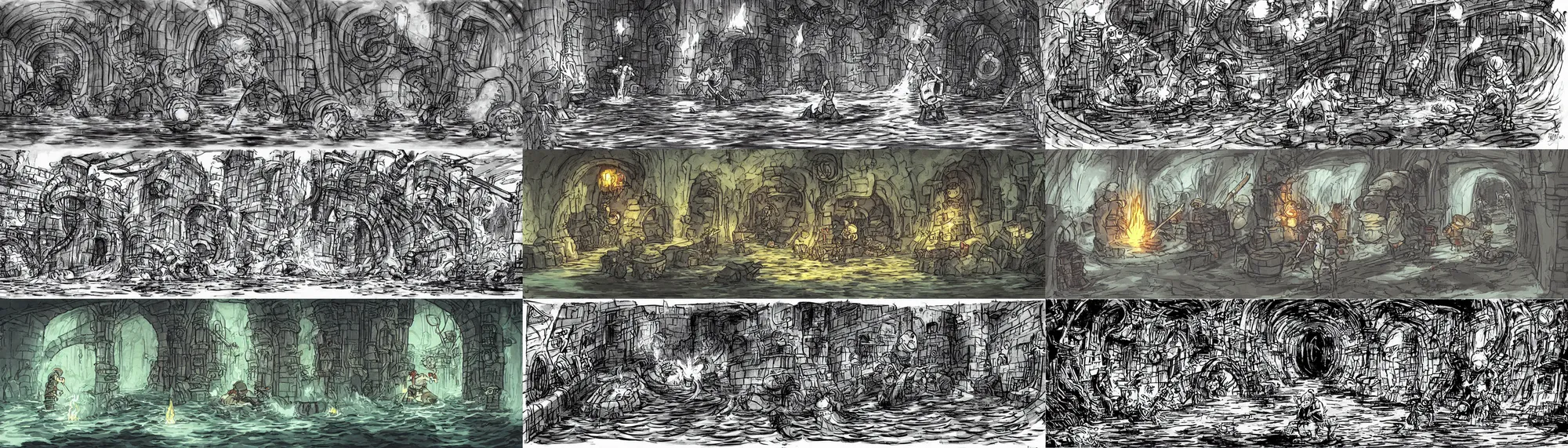 Prompt: concept sketch for studio ghibli's sewer adventures where the wizard stands in a waist - deep river holding a torch in a long twisting sewer tunnel. underground, crumbling masonry, sewage falling from grates. concept art from darkest dungeon