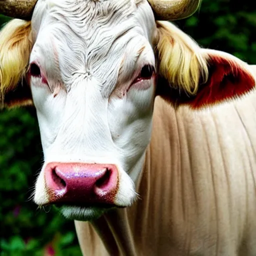 Prompt: a beautiful cow with long blond curly hair on his head