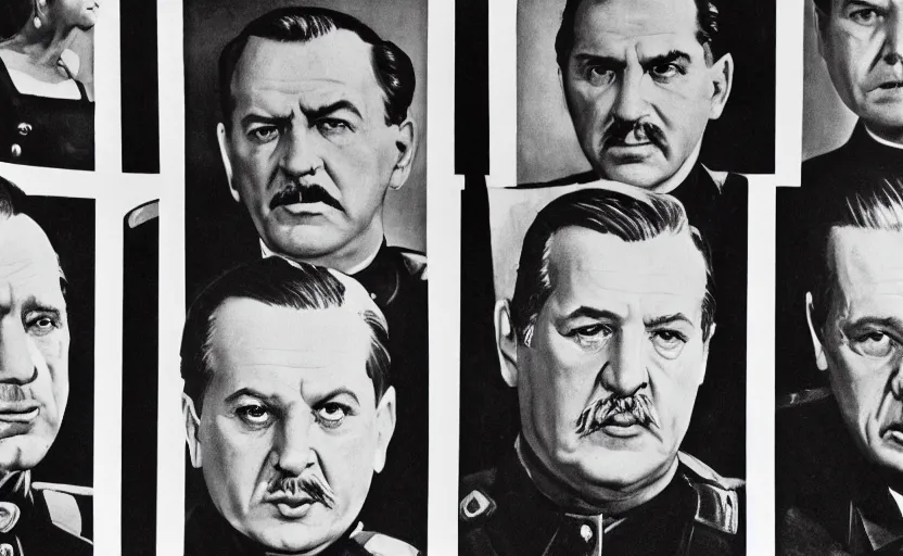 Image similar to 50s movie still close-up portrait of three individual elder soviet marshal with very detailed faces in a stalinist style hall, by Irving Penn, Cinestill 800t 50mm black and white, heavy grainy picture, very detailed, high quality, 4k, HD criterion, precise texture, diverse faces, diverse haircuts, diverse ages, each faces precisely define