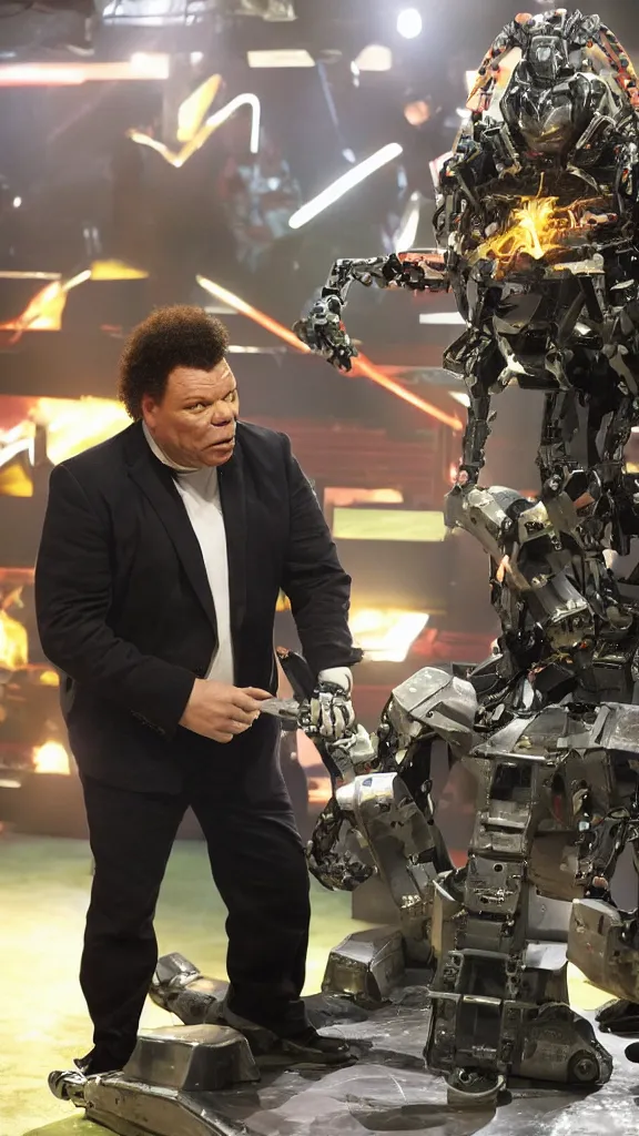 Image similar to craig charles engaged in hand to hand combat with one of the robots on robot wars uk