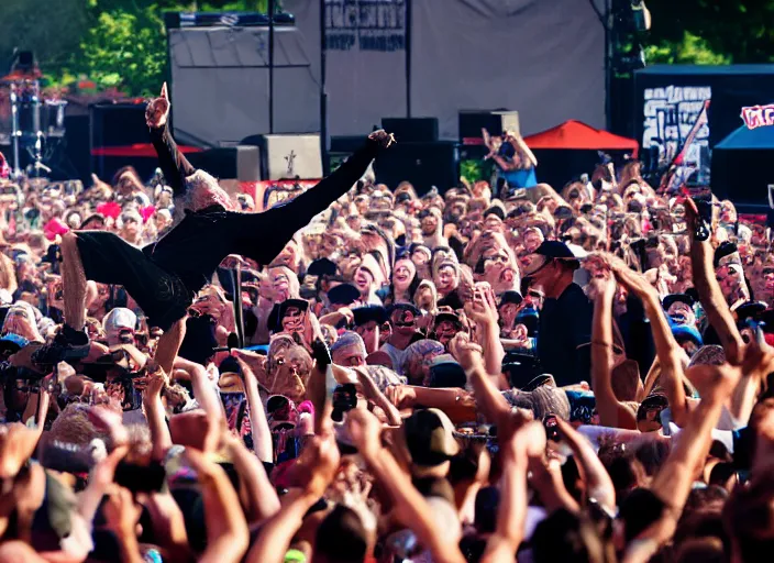 Image similar to photo still of clint eastwood on stage at vans warped tour!!!!!!!! at age 6 8 years old 6 8 years of age!!!!!!!! stage diving into the crowd, 8 k, 8 5 mm f 1. 8, studio lighting, rim light, right side key light