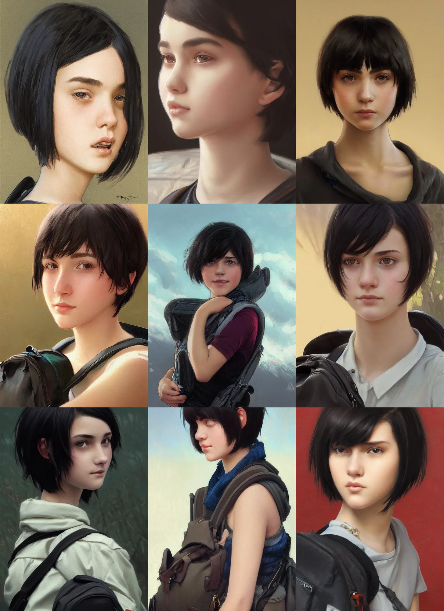 Prompt: Close-up portrait of kind teenage girl with short black hair in a bob cut, with a backpack, slightly dirty face, portrait, highly detailed, digital painting, artstation, concept art, sharp focus, illustration, art by artgerm and greg rutkowski and alphonse mucha