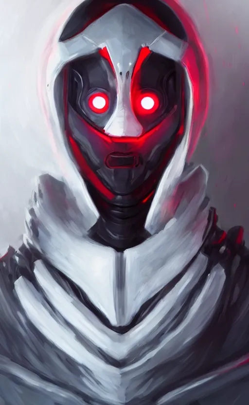 Prompt: face portrait of a robot in an all white hood and robe, with red glowing eyes, dynamic lighting, fantasy concept art, trending on art station, stunning visuals, creative, cinematic, ultra detailed