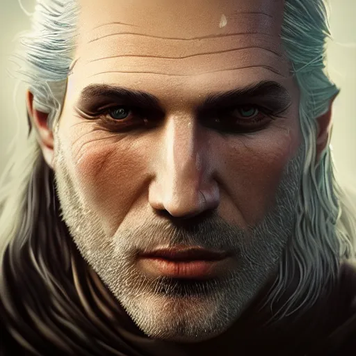 Prompt: Portrait of Geralt of Rivia by Michele Soavi, closeup, 8k, photorealism, Tom Bagshaw, global illumination, volumetric lighting, CGsociety, radiant light