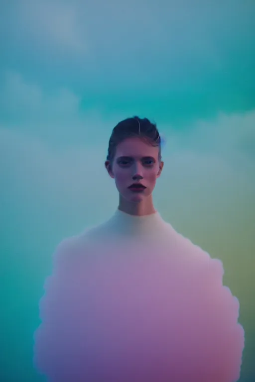 Image similar to high quality pastel coloured film close up wide angle photograph of a model wearing clothing swimming on cloud furniture in a icelandic black rock!! environment in a partially haze filled dreamstate world. three point light, rainbow. photographic production. art directed. pastel colours. volumetric clouds. pastel gradient overlay. waves glitch artefacts. extreme facial clarity. 8 k. filmic.