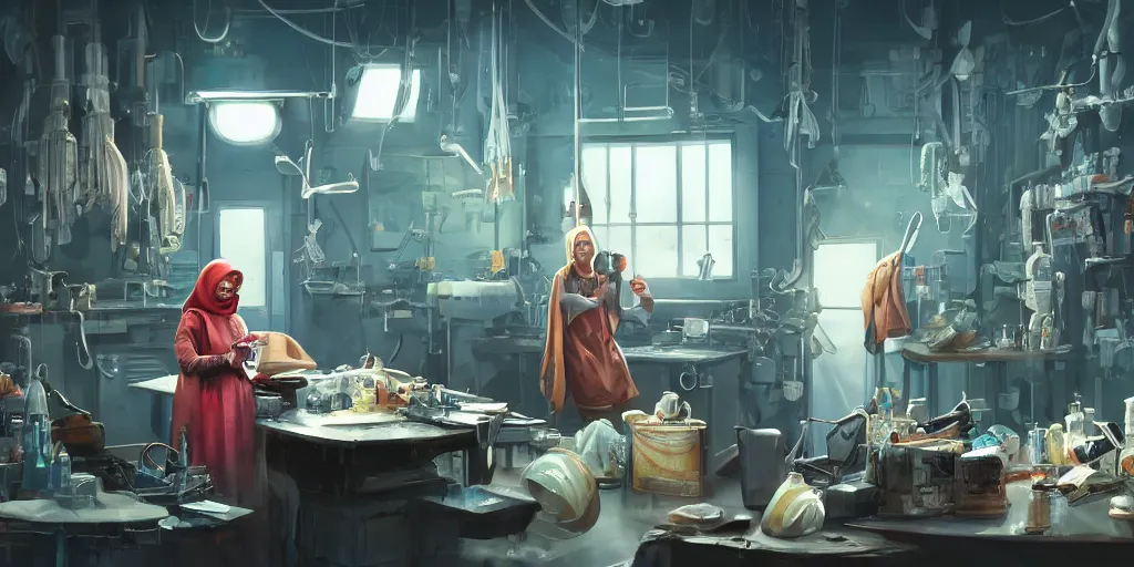 Image similar to an environmental concept art of a babushka cyberneticist in a cluttered mechanics workshop, surgical implements, surgery table, highly detailed, cinematic, dramatic, cyberpunk