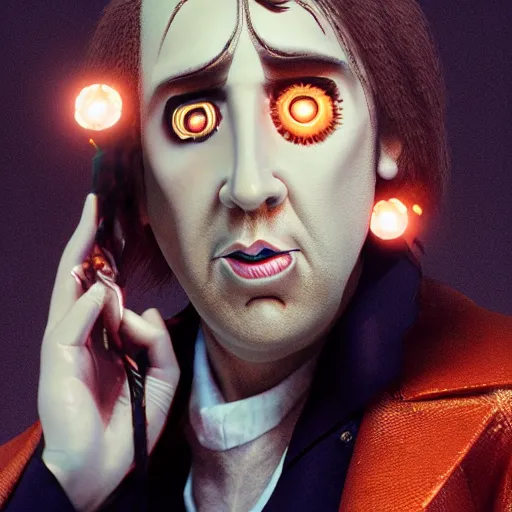 Image similar to Nicolas Cage is cutting a clockwork orange, artstation, epic lighting, octane render, ultra high resolution, 8k, hyper realistic,