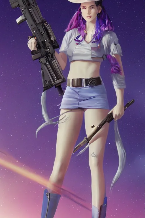 Image similar to Concept art of a beautiful space cowgirl holding a rifle. Vaporwave