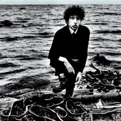 Prompt: bob dylan holding up bull kelp, gazing at it endearingly, photograph