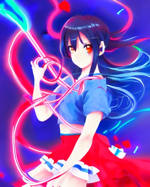 Image similar to anime style, vivid, expressive, full body, 4 k, painting, a cute magical girl idol with a long wavy hair wearing a dress fighting monsters, blue and red, balance, correct proportions, stunning, realistic light and shadow effects, neon lights, studio ghibly makoto shinkai yuji yamaguchi