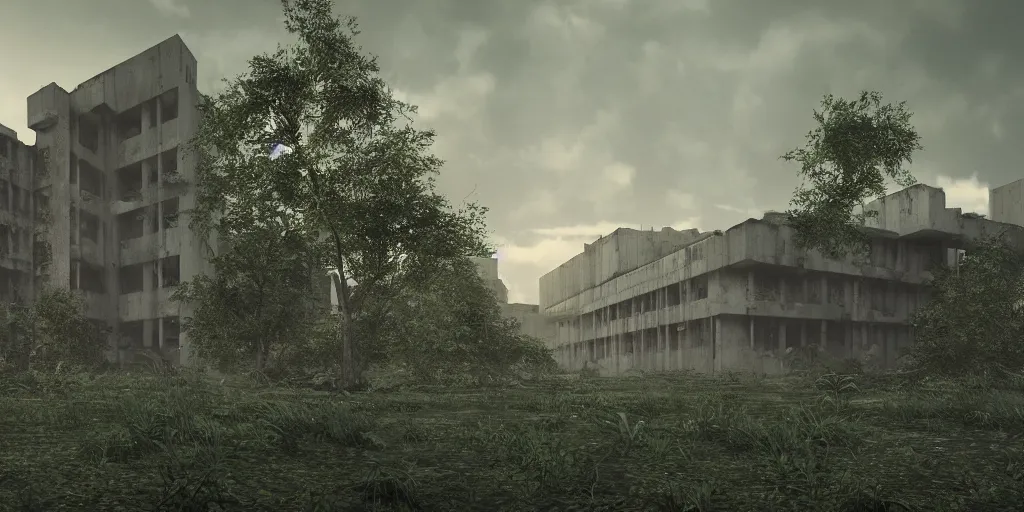 Prompt: brutalist architecture abandoned hospital, surrounded by lush green forest and murky ponds of water, stunning volumetric lighting, sundown, stunning skies, trending on Artstation, 8k, photorealistic, hyper detailed, unreal engine 5, IMAX quality, cinematic, epic lighting, cryengine, octane render, gloomy, foggy, dark