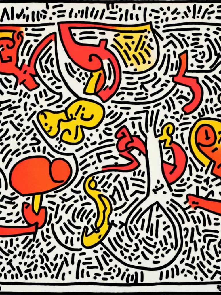 Image similar to minimal!! acorn that turns into a tree in the shape of a treble clef, a big rip down the middle, splashes of color, inspirational and powerful, clear high resolution acorn and tree, keith haring