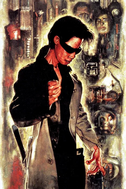 Prompt: Neo from Matrix painted by Norman Rockwell