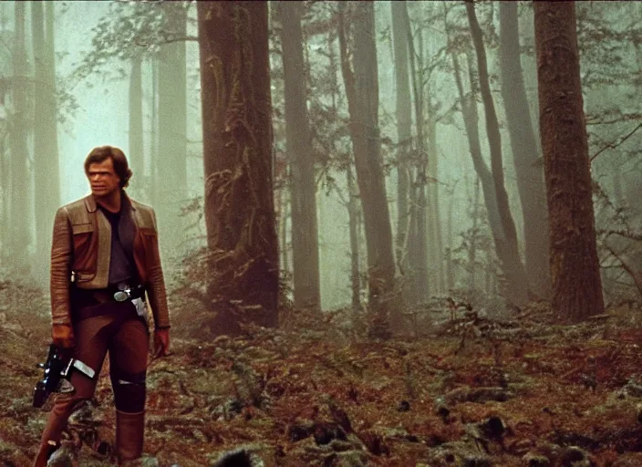 Prompt: screenshot of portrait Han Solo surrounded by wookies on forest planet, iconic scene from 1970s film by Stanley Kubrick, the lost Star Wars Film, moody hazy lighting, stunning cinematography, hyper-detailed, crisp, anamorphic lenses, kodak color film stock, 4k, very detailed, hyper real render