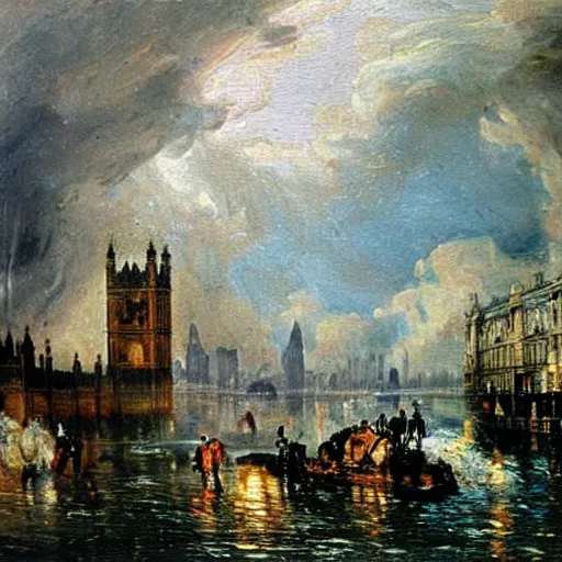 Image similar to London flooded underwater, traditional oil painting, detailed, painted by Constable