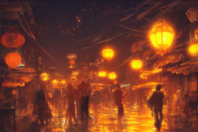 Prompt: fantasy art of glowing goldfish swimming in the air, in the streets of a japanese town at night, with people watching in wonder, by craig mullins, highly detailed digital art, trending on artstation
