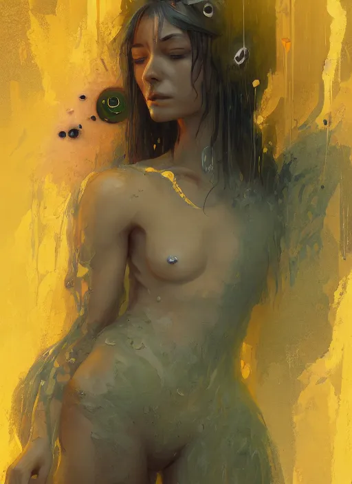 Image similar to a sage meditates under a waterfall pieces with glowing yelow eyes, as a realistic, torso, art by james jean and greg rutkowski!!, real body proportions, digital art,, golden ratio, perfect composition, trending on artstation, 8 k