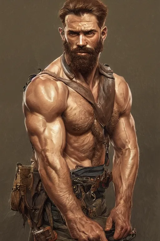 Image similar to portrait of a rugged ranger, muscular, upper body, hairy torso, D&D, fantasy, intricate, elegant, highly detailed, digital painting, artstation, concept art, smooth, sharp focus, illustration, art by artgerm and Greg Rutkowski and Alphonse Mucha