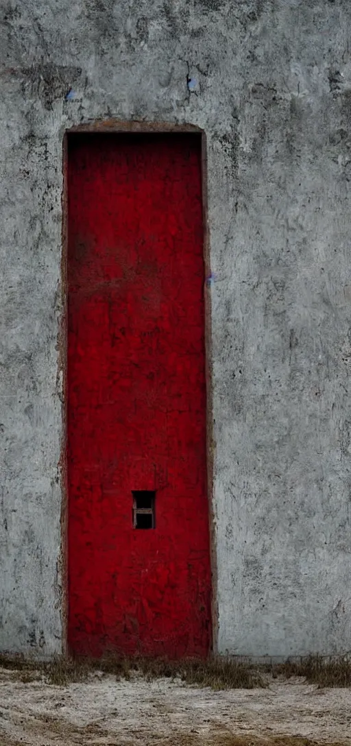 Prompt: huge detailed red door standing in wasteland in style of zdzisław beksinski