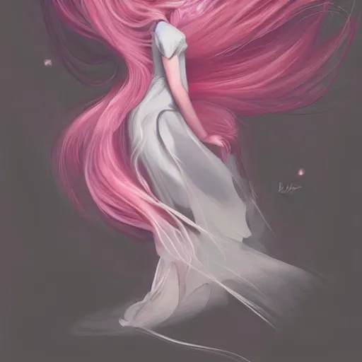 Image similar to digital painting, full body portrait, dynamic poses, anime face, joyful, epic, flowing dress, smooth, enigmatic, woman, pink and grey clouds, glowing flowing hair, by lois van baarle, by loish, trending on artstatio