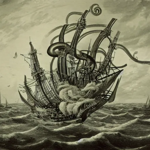 Prompt: an impossibly huge pirate ship, being attacked by a kraken, giant tentacles. 1800s photograph