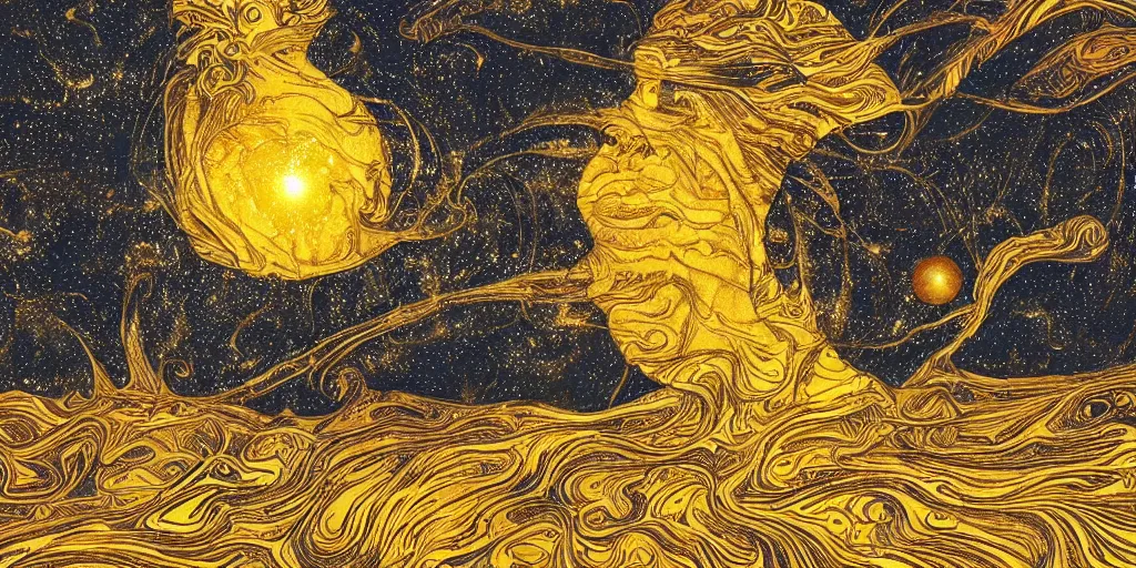 Image similar to realistic scene of cosmic trip, golden, 1 4 5 0, ink, ultra realistic, 8 k