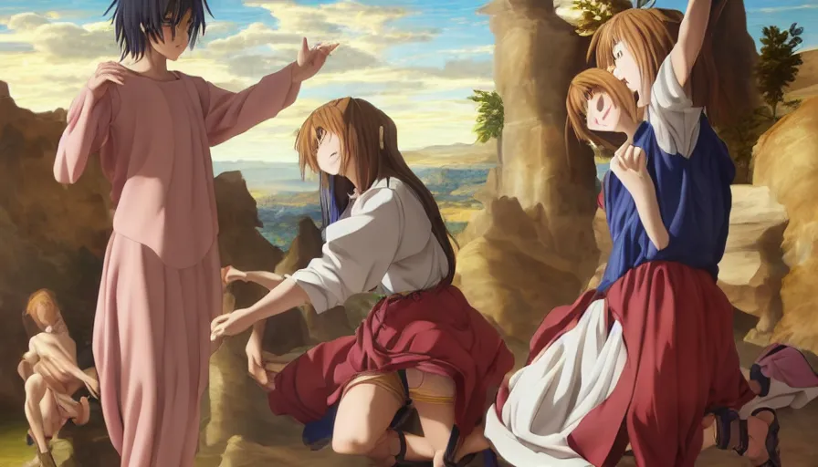 Image similar to jesus christ our lord and savior blessing a cute anime girl, photorealistic, anime, mini skirt, renaissance painting, hyper real, detailed, wide angle shot