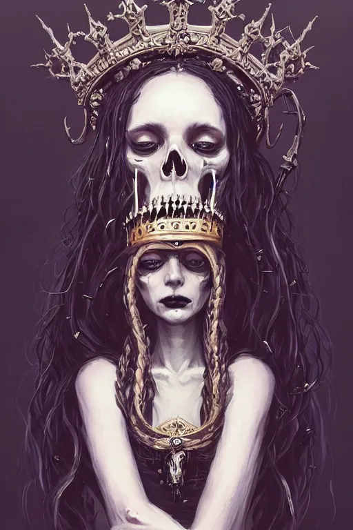 Prompt: a portrait of the blind bone goddess with a crown of skulls, full figure, intricate, gothic, highly detailed, digital painting, artstation, smooth, sharp focus, illustration, art by greg rutkowski, loish, rhads, makoto shinkai and lois van baarle, ilya kuvshinov, rossdraws