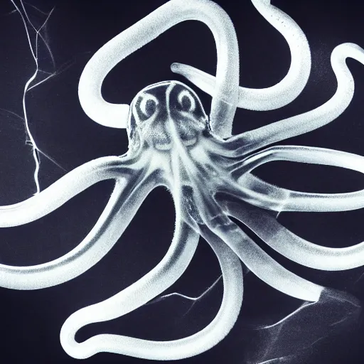 Prompt: an x - ray of an octopus, neon, dark background, underwater