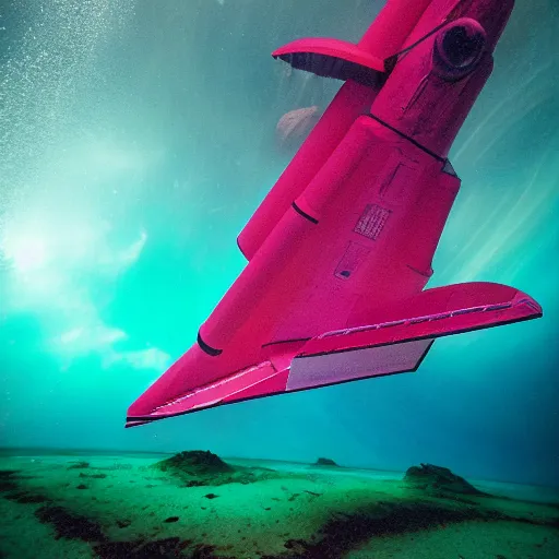 Image similar to dreamlike film photography of a 1980s wooden space shuttle at night underwater in front of colourful underwater clouds by Kim Keever. In the foreground floats a seasnake. low shutter speed, 35mm