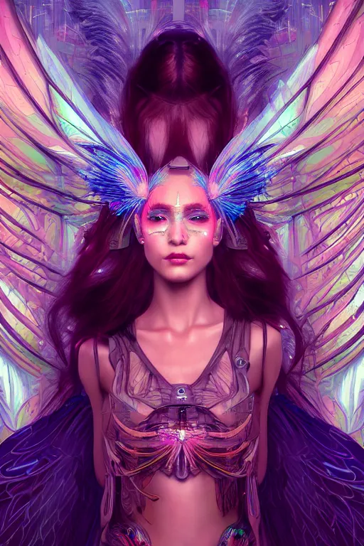 Prompt: portrait futuristic goddess angel Girl with wings and feathers, in future cyberpunk tokyo rooftop , ssci-fi, fantasy, intricate, very very beautiful, elegant, human anatomy, human structure, neon light, highly detailed, digital painting, artstation, concept art, smooth, sharp focus, illustration, art by tian zi and WLOP and alphonse mucha