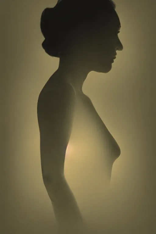 Image similar to woman silhouette, large diffused glowing aura, film grain, art by janice sung