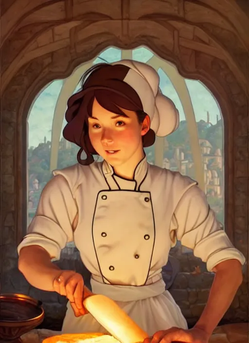 Image similar to focused medieval chef baking bread natural lighting, path traced, highly detailed, high quality, digital painting, by don bluth and ross tran and studio ghibli and alphonse mucha, artgerm