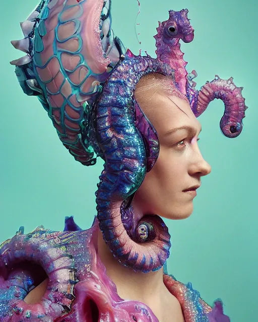 Prompt: natural light, soft focus portrait of a cyberpunk anthropomorphic seahorse with soft synthetic pink skin, blue bioluminescent plastics, smooth shiny metal, elaborate ornate head piece, piercings, skin textures, by annie leibovitz, paul lehr