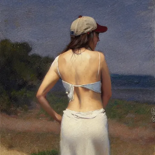 Prompt: woman with baseball cap, back view, summer dress, by paul chabas