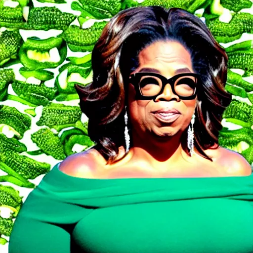 Image similar to oprah winfrey's face made from okra, body of okra stalks