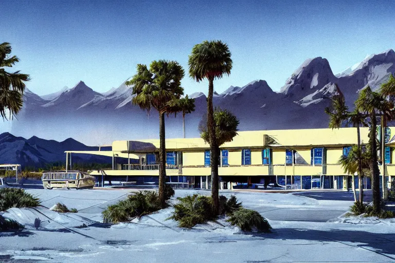 Image similar to natural american landscape | abandoned motel | palm trees | snowy mountains | moon in sky, painting by syd mead and weta studio and moebius and james jean and frank frazetta, highly detailed, rule of third, soft lighting, 8 k resolution, oil on canvas, architectural magazine, beautiful detailed, insanely intricate details, artstation trending, hypermaximalistic, high details, cinematic