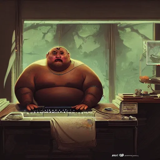 Image similar to an insanely detailed painting of a chubby asian man wearing a homemade superhero costumed, sitting at a computer desk typing on the keyboard, in the style of peter mohrbacher, dramatic lighting and composition, trending on artstation, concept art, comic book, graphic novel