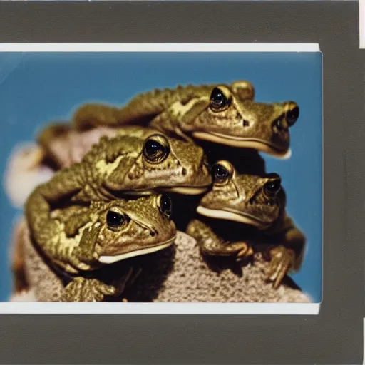 Prompt: a pile of toads sitting one on another, polaroid photo, instax, white frame, by Warhol