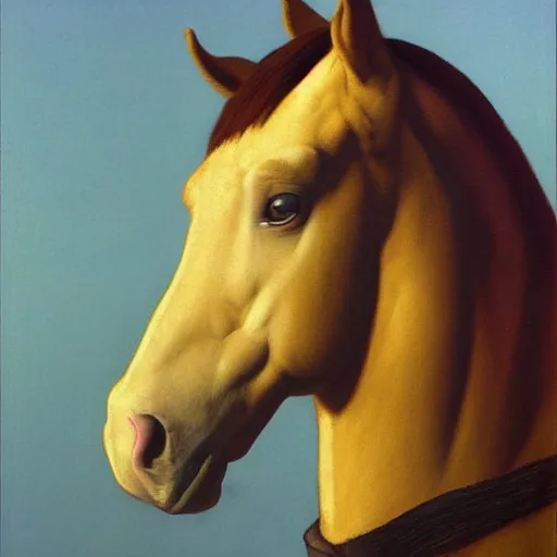 Prompt: a horse-person by Raphael, Hopper, and Rene Magritte. detailed, romantic, enchanting, trending on artstation.