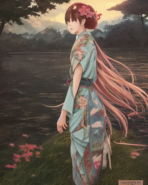 Prompt: an anime landscape of a girl wearing a kimono, near the river in a japanese summer festival from skyrim, by stanley artgerm lau, wlop, rossdraws, james jean, andrei riabovitchev, marc simonetti, and sakimichan, trending on artstation