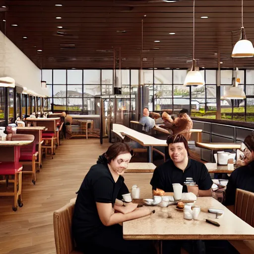 Image similar to realistic wafflehouse restaurant interior with employees and people eating breakfast