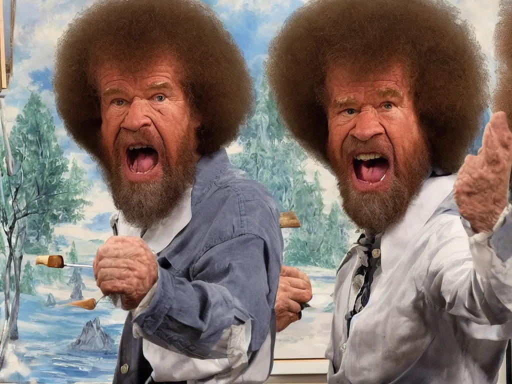 Image similar to old bob ross is sad and angry and yelling at a huge painting by bob ross