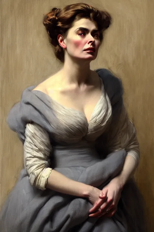 Prompt: portrait en buste Ingrid Bergman in Georgian dress by Roberto Ferri, by Jeremy Lipking, Realism, abundant detail, muted tones, Regency-Era