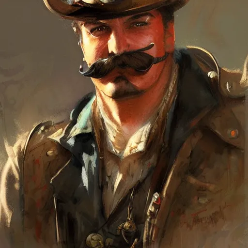 Image similar to a steampunk craftsman, burly with moustache, character portrait by greg rutkowski, gaston bussiere, craig mullins