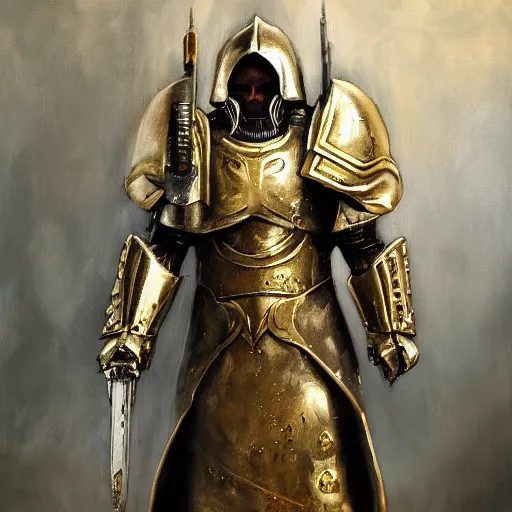 Image similar to man in white and decorated with gold doom slayer armor with kingdom of jerusalem insignia as oil painting