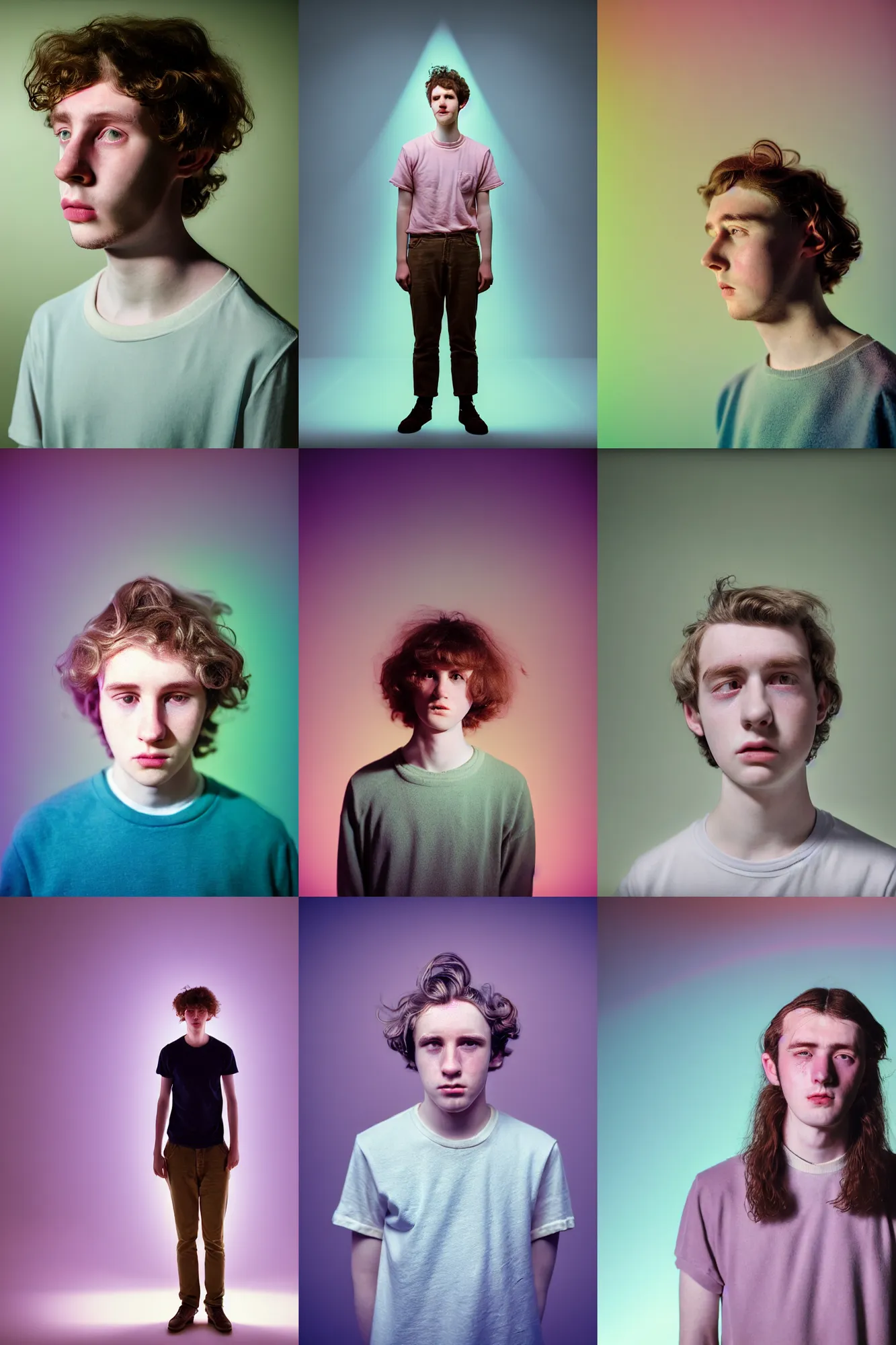 Prompt: an ultra high definition pastel coloured vintage wide angle photograph of a dopey young man with short medium wavy black brown messy hair triangle head sat in an empty field room. three point lighting. volumetric. refraction. extremely detailed. soft focus. ambient light sources. haze artefacts, light glare, art directed. filmic. stark.